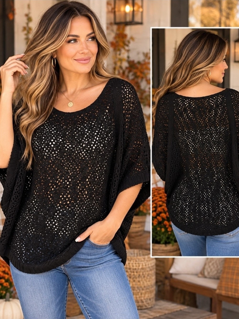 Chic Madison Black Open Knit Poncho Sweater – Size S/M